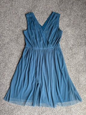Nic + Zoe Teal Double V Tulle Wedding Guest Semi Formal Midi Dress size Medium